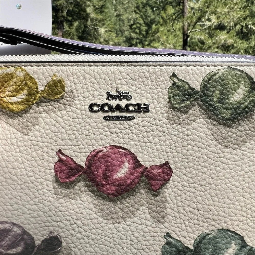 COACH White Pebble Leather Candy Print & Charm Wristlet with Silver Hardware NWT